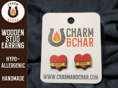 Heart with Mom Banner Wood Stud Earrings - Mother's Day Fashion Earring - Stud Earring - Charm and Char